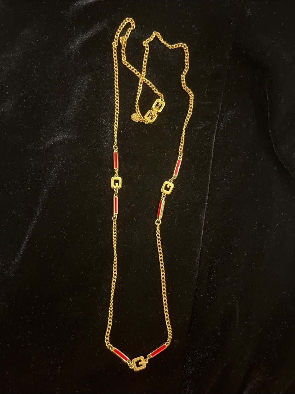 Givenchy Vintage Enamel G Station Chain Necklace Red Enamel Accents